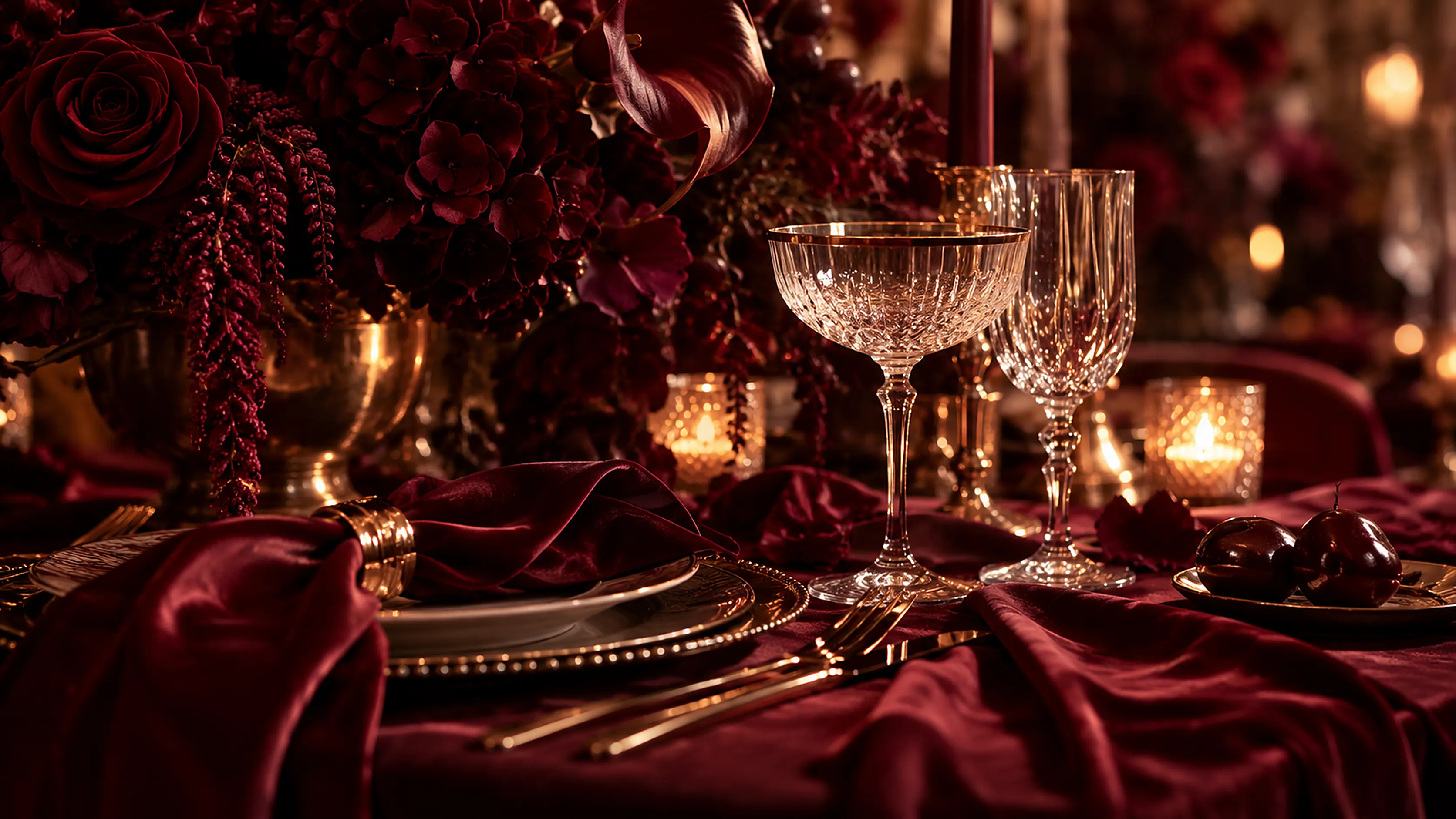 Table de réception dressée en velours bordeaux, roses sombres, verres en cristal et bougies